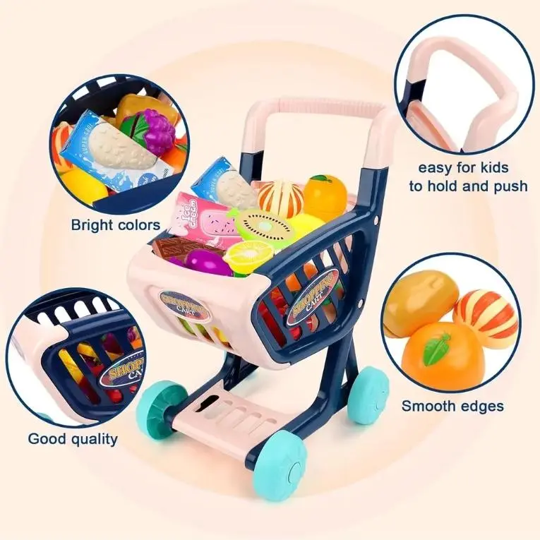 OEM Pretend Play Kids Supermarket Shopping Cart Set with Cutting Food & Dessert Toys Manufacturer, Suppliers