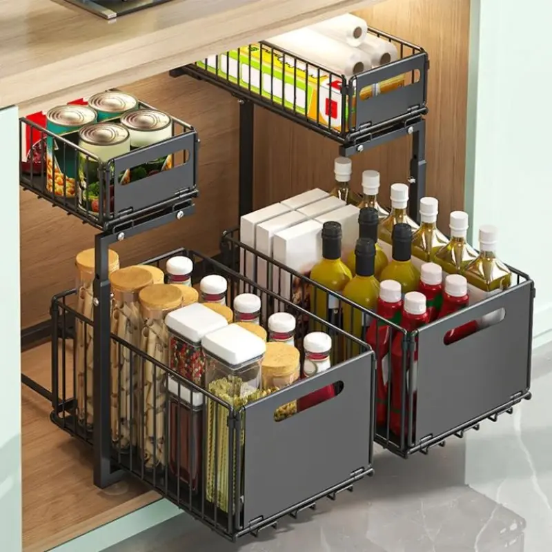 Cheap Adjustable 2-Tier Metal Kitchen Storage Rack Pull-Out Under Sink Basket Holder Manufacturers, Suppliers