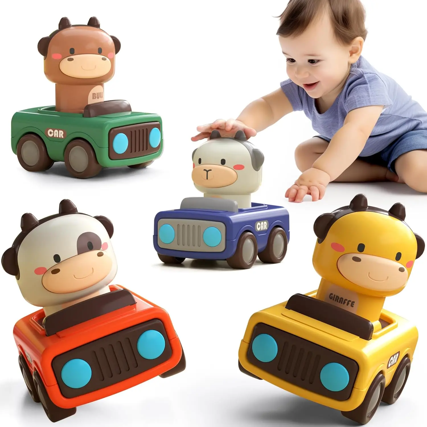 OEM Cartoon Animal Press and Go Friction Cars for Toddlers, Baby Racing Toy Vehicles, 1st Birthday Gift Supplier, Factories