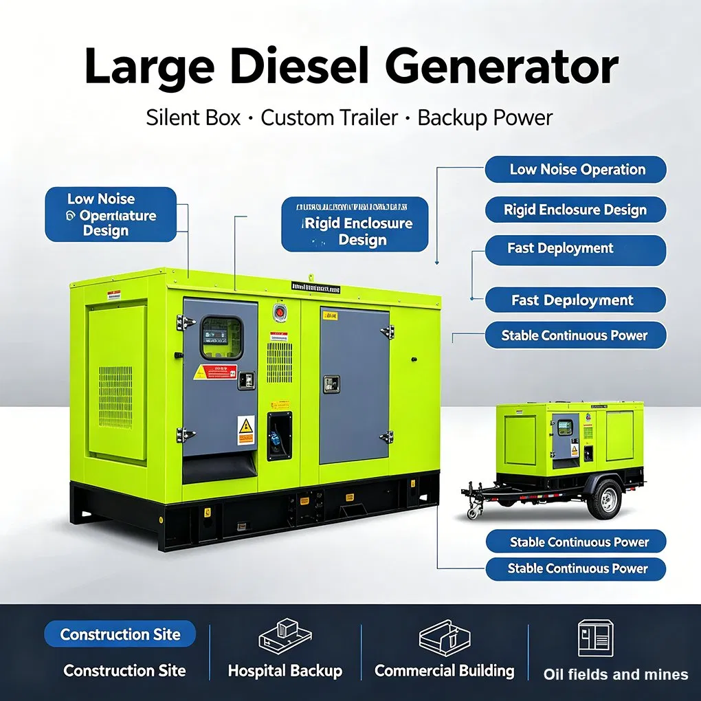 مولد ديزل صامت منخفض الضوضاء للماء البارد 30kw 50kw 100kw 200kw 250kVA 500kw 1000kw مع بدء تلقائي ونوع مقطورة مخصص للاستخدام في البناء والتعدين والطوارئ