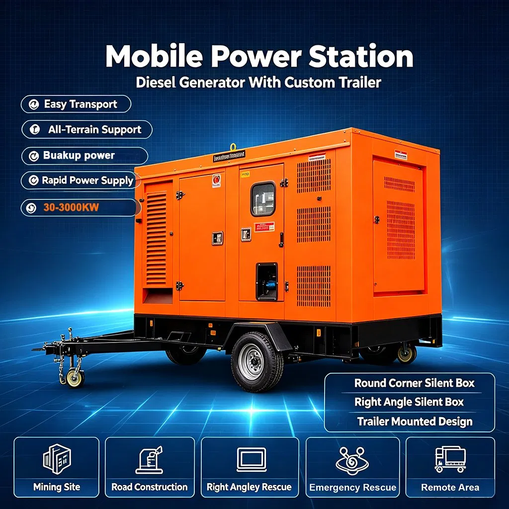 مولد ديزل صامت منخفض الضوضاء للماء البارد 30kw 50kw 100kw 200kw 250kVA 500kw 1000kw مع بدء تلقائي ونوع مقطورة مخصص للاستخدام في البناء والتعدين والطوارئ