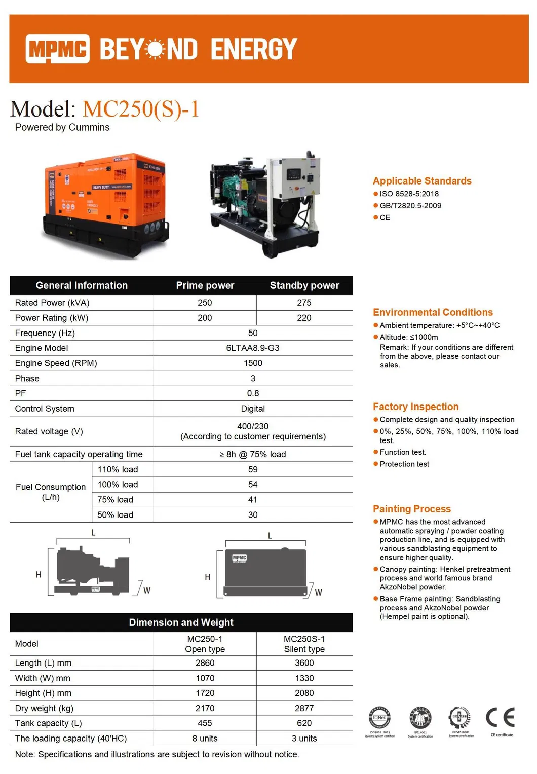 الطاقة الرئيسية 250kVA الطاقة الاحتياطية 275kVA مجموعة مولدات الديزل الصامتة