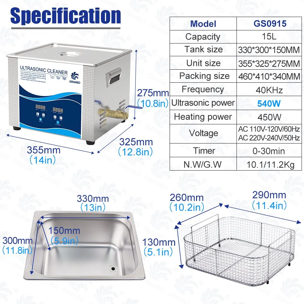 Granbo 40kHz Laboratory Ultrasonic Cleaning System for Laboratory Glassware with 15L Tank Capacity Wet Cleaning