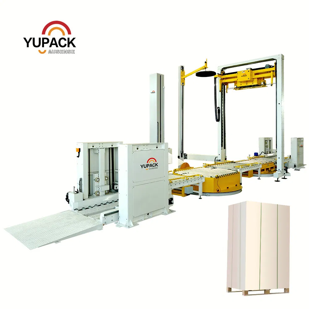 Cross Strapping and Automatic Turntable Stretch Wrapping System with Vertical Conveyor Transitions, Roller Conveyor Wrapper and Pallet Magaziner