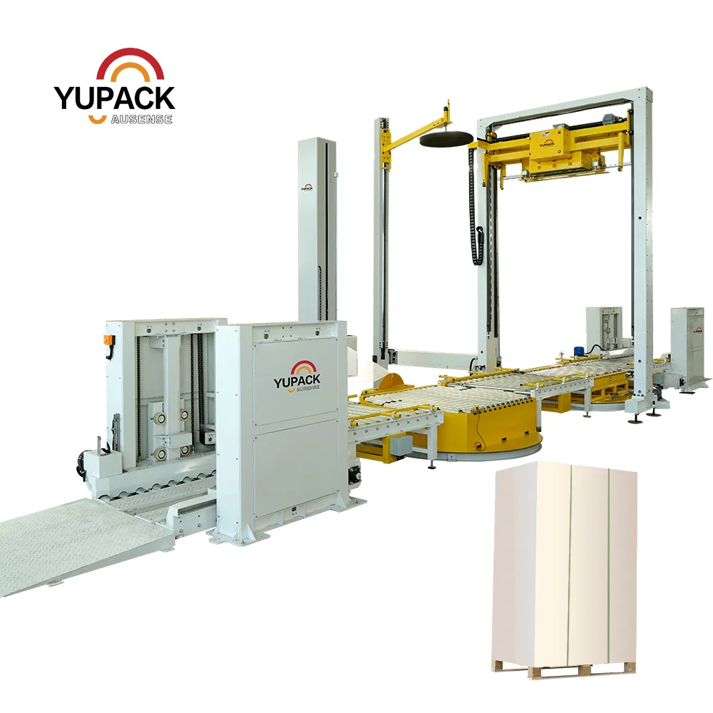 Cross Strapping and Automatic Turntable Stretch Wrapping System with Vertical Conveyor Transitions, Roller Conveyor Wrapper and Pallet Magaziner