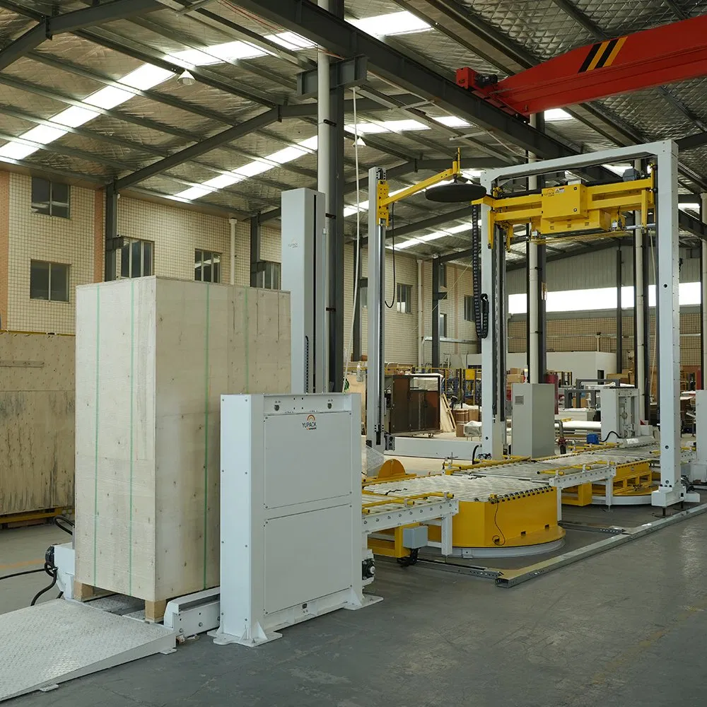Cross Strapping and Automatic Turntable Stretch Wrapping System with Vertical Conveyor Transitions, Roller Conveyor Wrapper and Pallet Magaziner