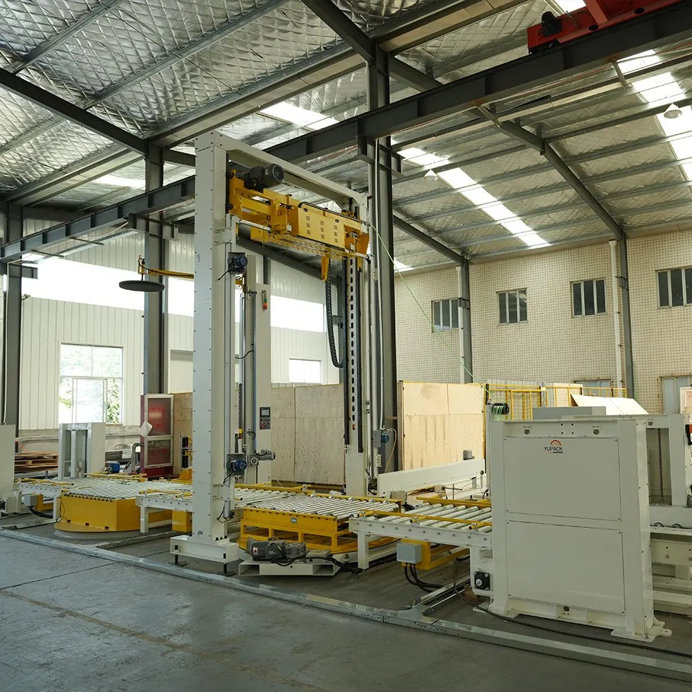 Cross Strapping and Automatic Turntable Stretch Wrapping System with Vertical Conveyor Transitions, Roller Conveyor Wrapper and Pallet Magaziner
