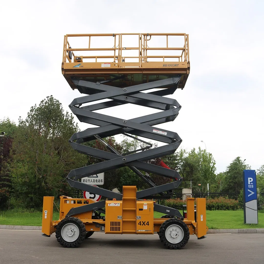 Construction Equipment 15m Diesel Rough Terrain Lifting Platform Xg1523rt Mini Hydraulic Aerial Work Platform Mobile Scissor Lift Table Platform for Sale