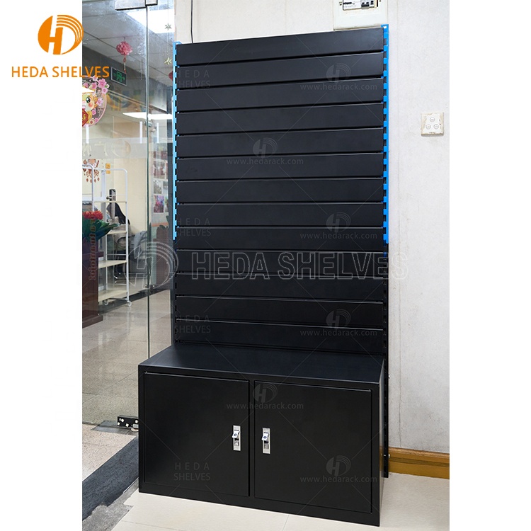 Heda Wall Unit Stand Flooring Display Cabinet Retail Store Tools Pegboard Display Stand With Storage Cabinet