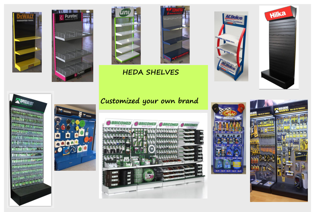 Hardware store floor stand metal pegboard hook display hardware shelf tool holder racks