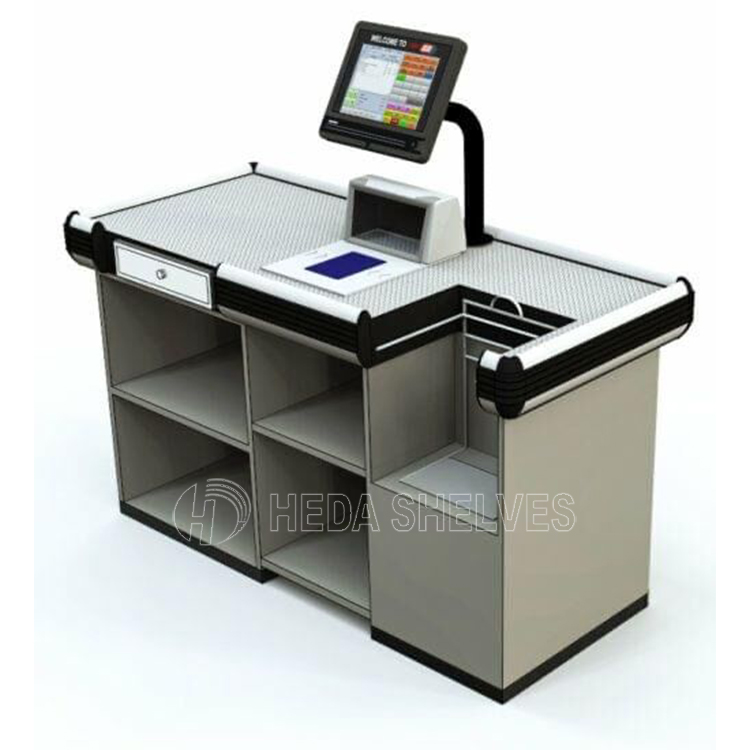 Convenience Store Simple Steel Wood Style Shop Equipment Supermarket Cashier Table Checkout Counter