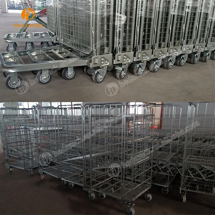 Returnable Foldable and Stackable Metal Zinc Plate Pet Preforms Wire Mesh Steel Storage Cargo Pallet Cages/box With Wheels