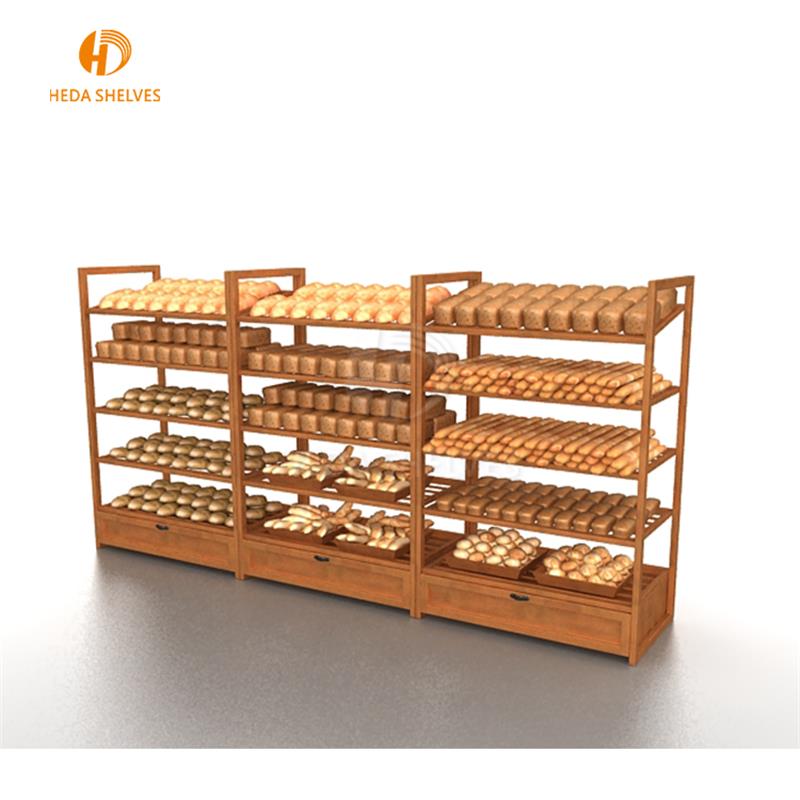 Concise Wood 3-Layer Stylish Bakery Shop Health Care 4-Caster Movable Wooden Floor Bread Display Stand