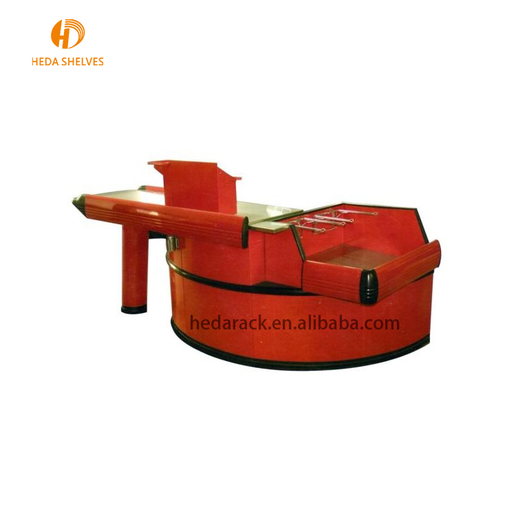 Supermarket Design Retail Cash Register Table Checkout Counter Cashier Desk With Conveyor Belt for Sale