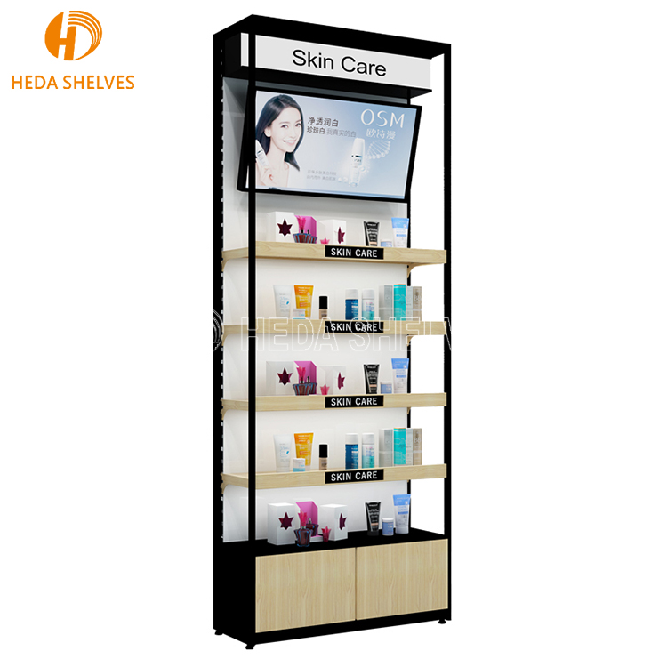 Custom Wooden Wall Cosmetic Shelves Display Cabinet and Makeup Display Wall Showcase