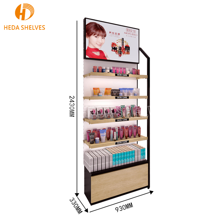 Custom Wooden Wall Cosmetic Shelves Display Cabinet and Makeup Display Wall Showcase