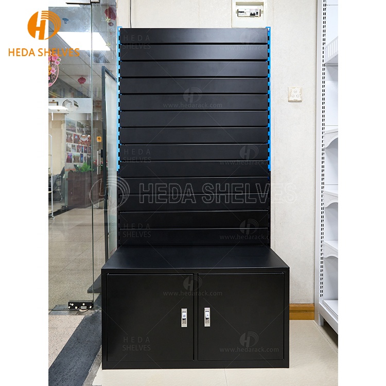 Factory Wholesale H-Shape Slatwall Tower Multifunctional Display Stand Made of Wood MDF Aluminium with Storage Cabinet