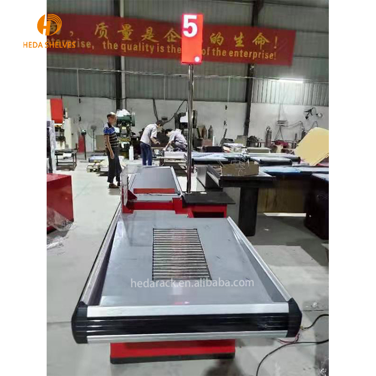 China Factory Direct Sale Electronic Supermarket Checkout Counter With Conveyor Belt, Cashier Desk