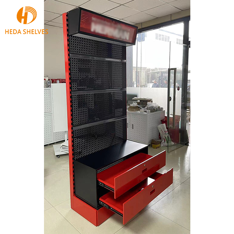 Custom Hardware Tools Single-sided Gondola Shelving Freestanding Pegboard Display Rack Heavy Duty Metal Merchandising Stand