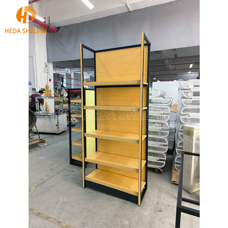 Custom Shop Supermarket Metal Wooden Grain Display Stand Gondola Shelving Single-sided Supermarket Shelves Super Market Racks