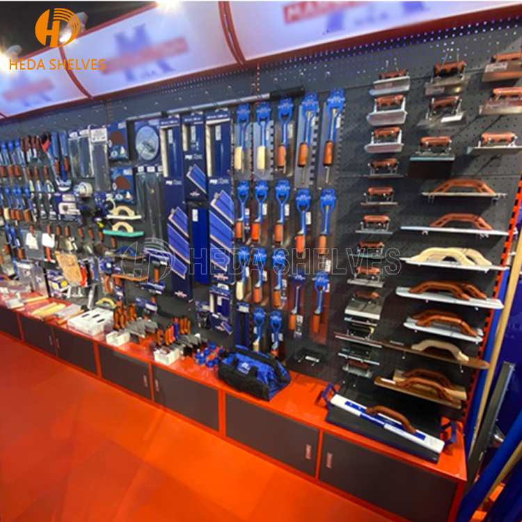 Wholesales Hardware Pegboard Metal Floor Rack Hanging Hooks Shelf Tools Shop Exhibition Product Display Stand