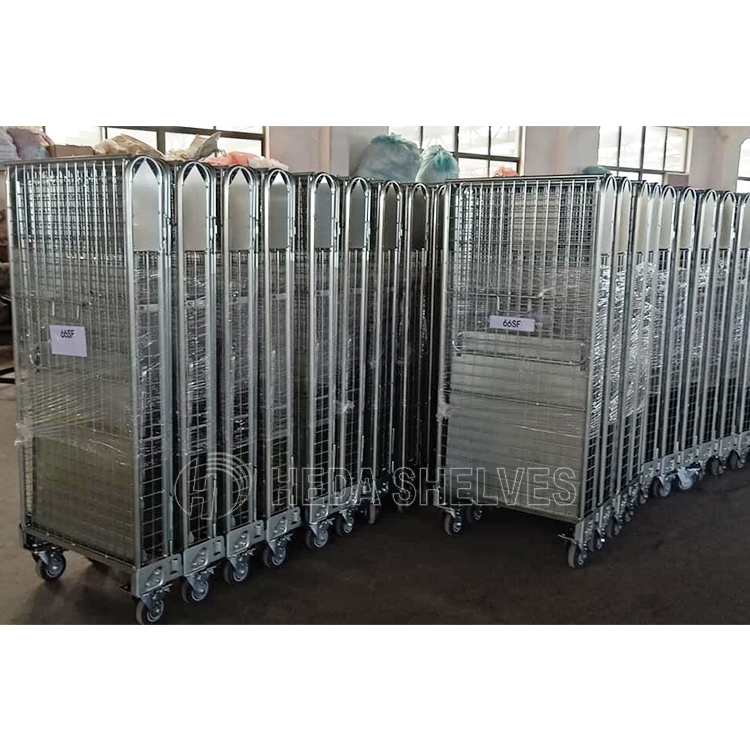 Wire mesh warehouse roll container foldable roll trolley logistic cart