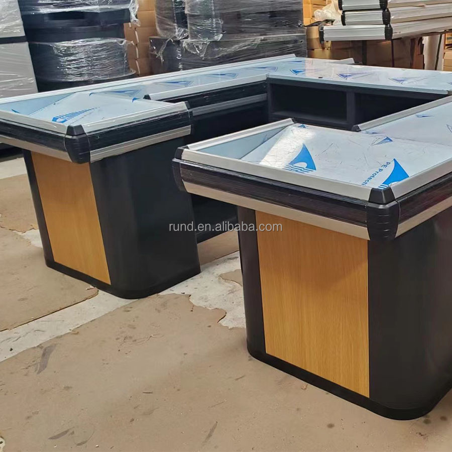RunDa H850mm Brown Heavy-Duty Metal Design Double-Sided Checkout Counter for Grocery Supermarket Shelves Use