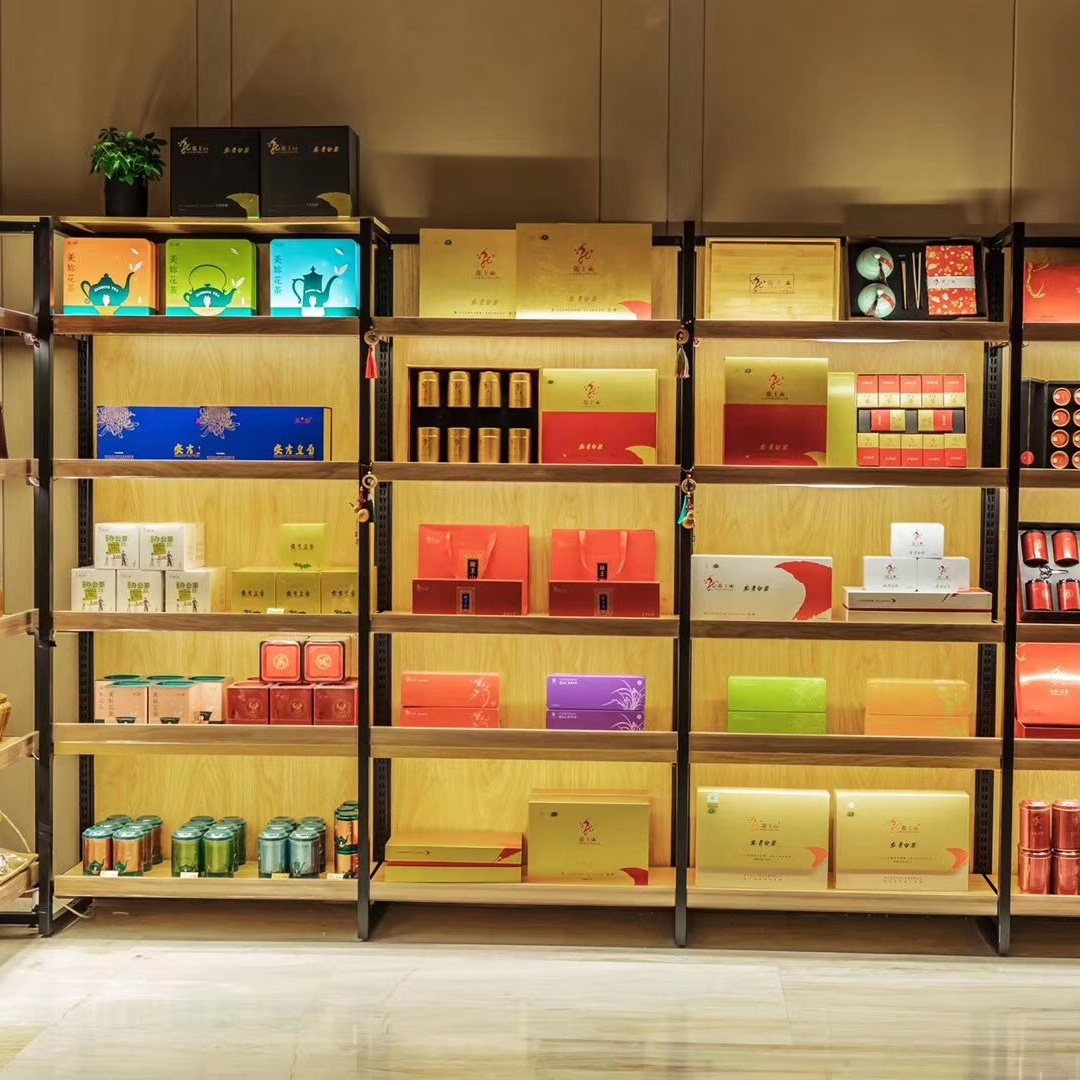 Wooden Gondola Display Rack for Grocery & Supermarkets Steel Store Stand with Metallic Finish for Cosmetic Stores