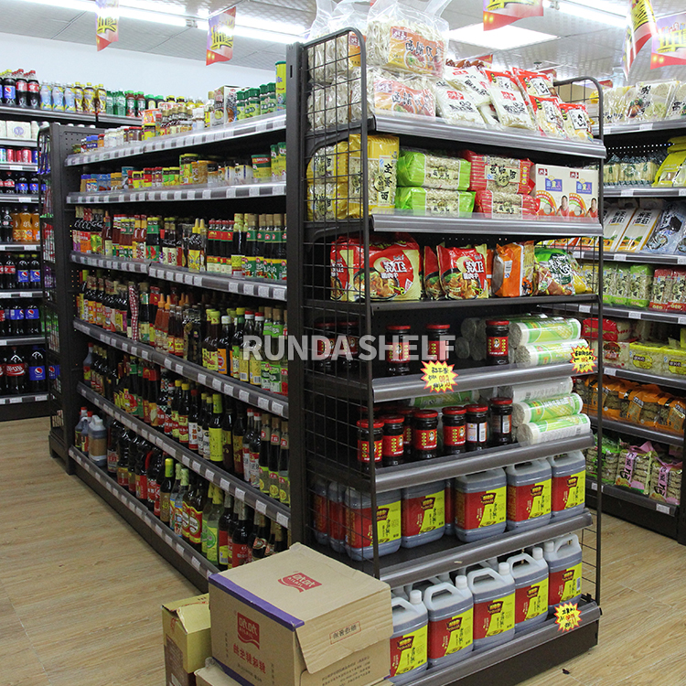 Runda 18# Metallic Light Duty Freestanding Single Sided Supermarket Display Shelves for Grocery Store & Chinese Tea Retail