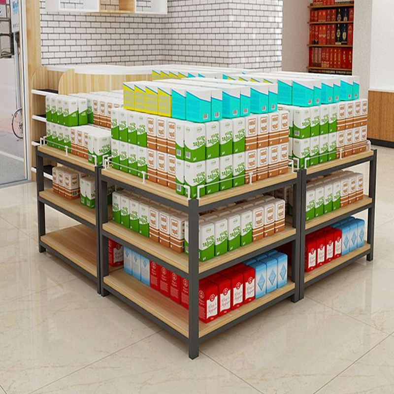 Supermarket Promotion Stack Display Shelf Chemical Washing Stack Head Rack Daily Steel and Wood Shelves Milk, Grain and Oil