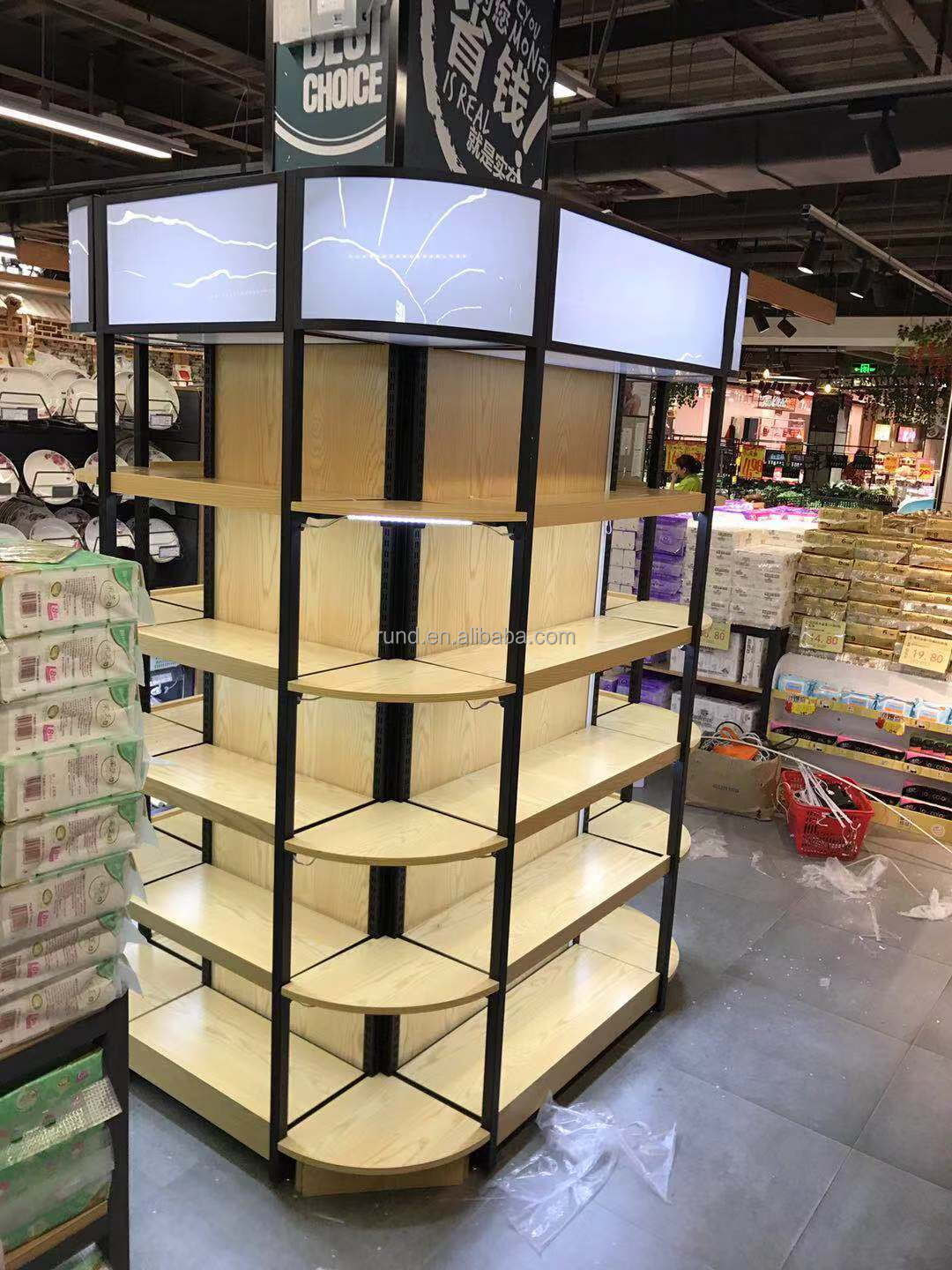 Custom Size Round Wooden Display Booth Supermarket Rack for Goods Promotions