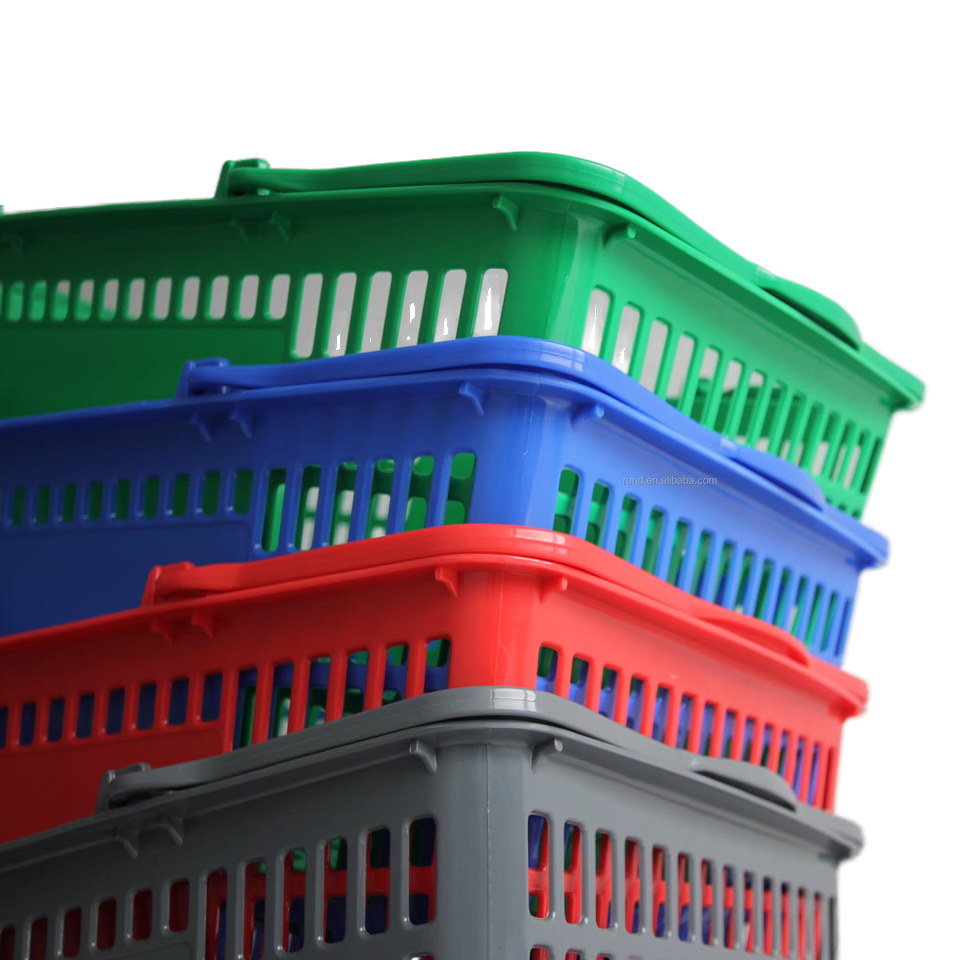 RD 30L 32L Single-Sided Supermarket Shelves Light Duty Shopping Basket Red Blue Green Plastic Metallic Finish Retail Store