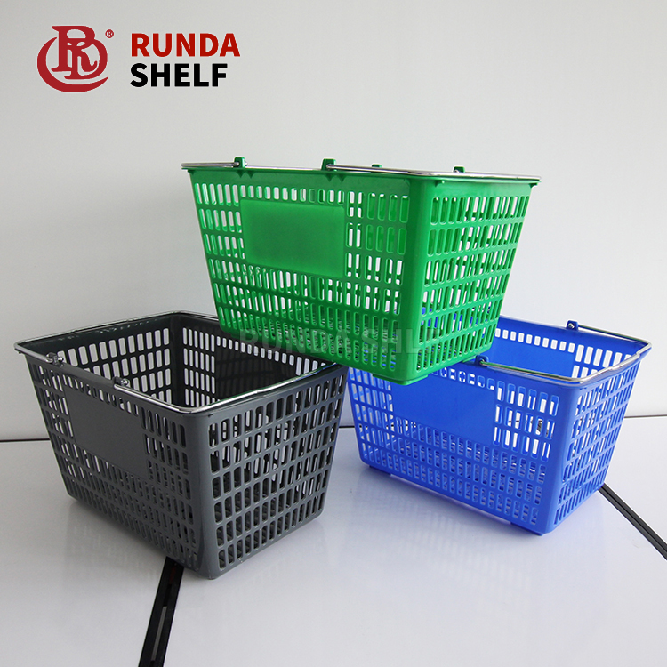 RunDa Customized Double-Sided Metal Shopping Basket Electroplate Handle Convenient Display Stand Supermarket Convenience Store