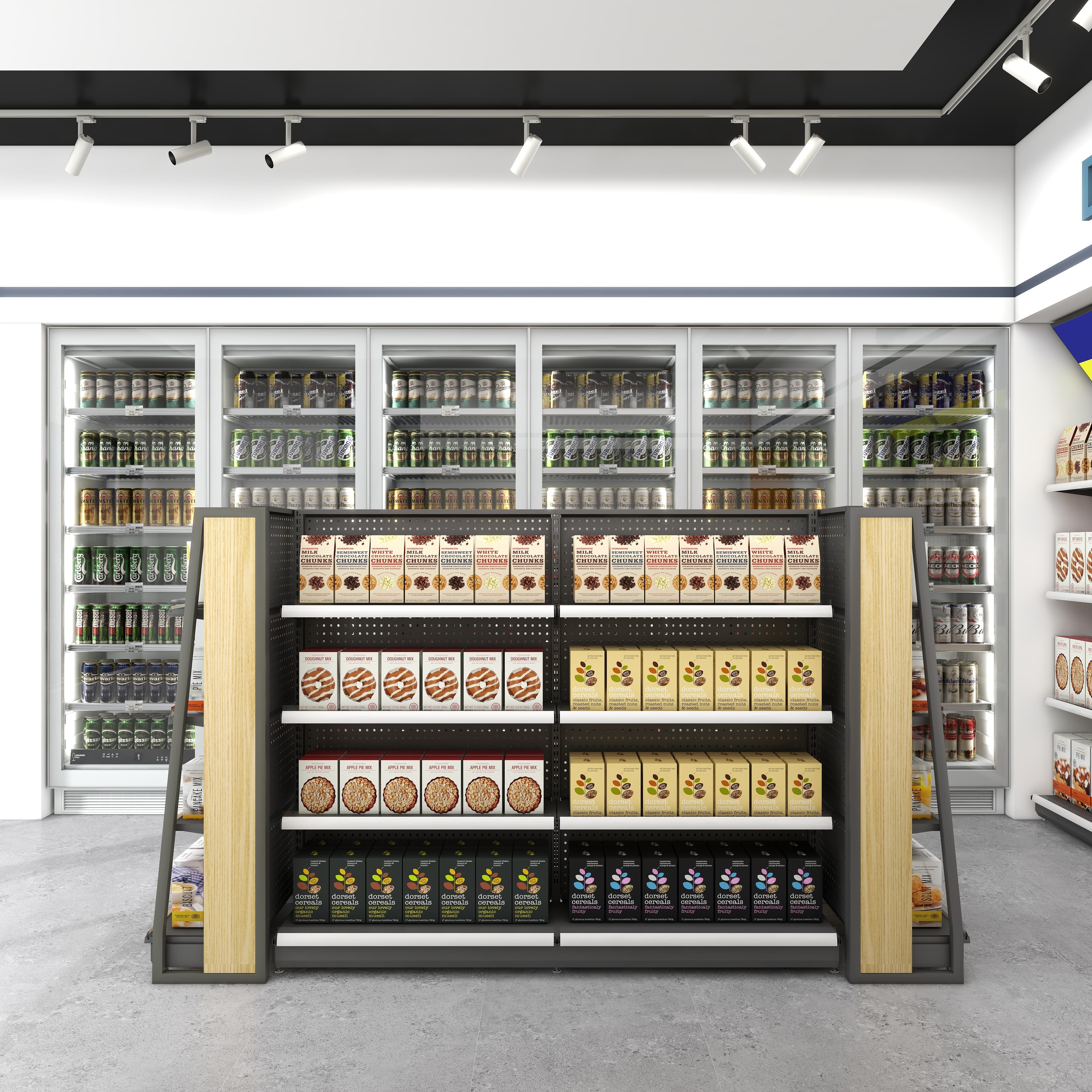 Supermarket Rack Metallic Display Shelves for Convenience Store Mother and Baby Stores with Wooden Side Panels
