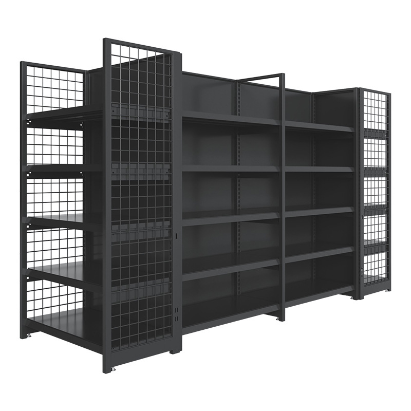 High Quality Double-Sided Metal Gondola Display Racks Heavy Duty Supermarket Back Net Shelving