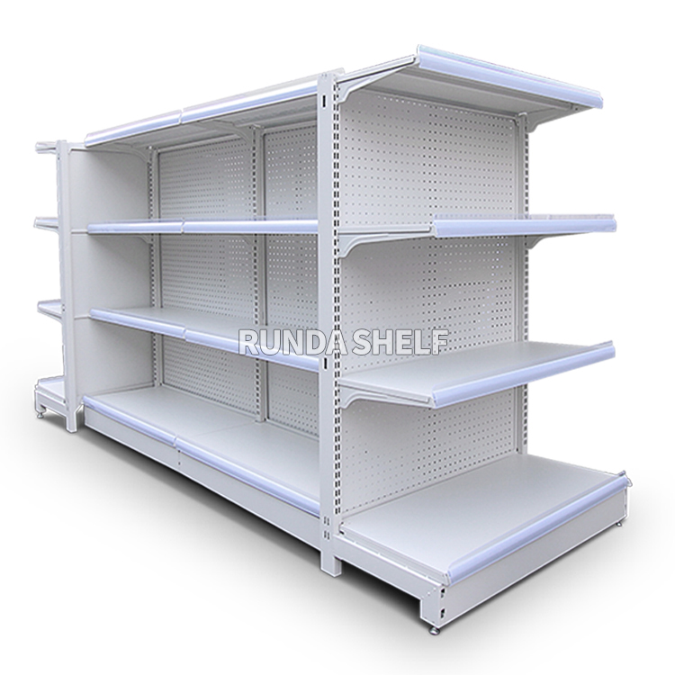Runda 18# Metallic Light Duty Freestanding Single Sided Supermarket Display Shelves for Grocery Store & Chinese Tea Retail