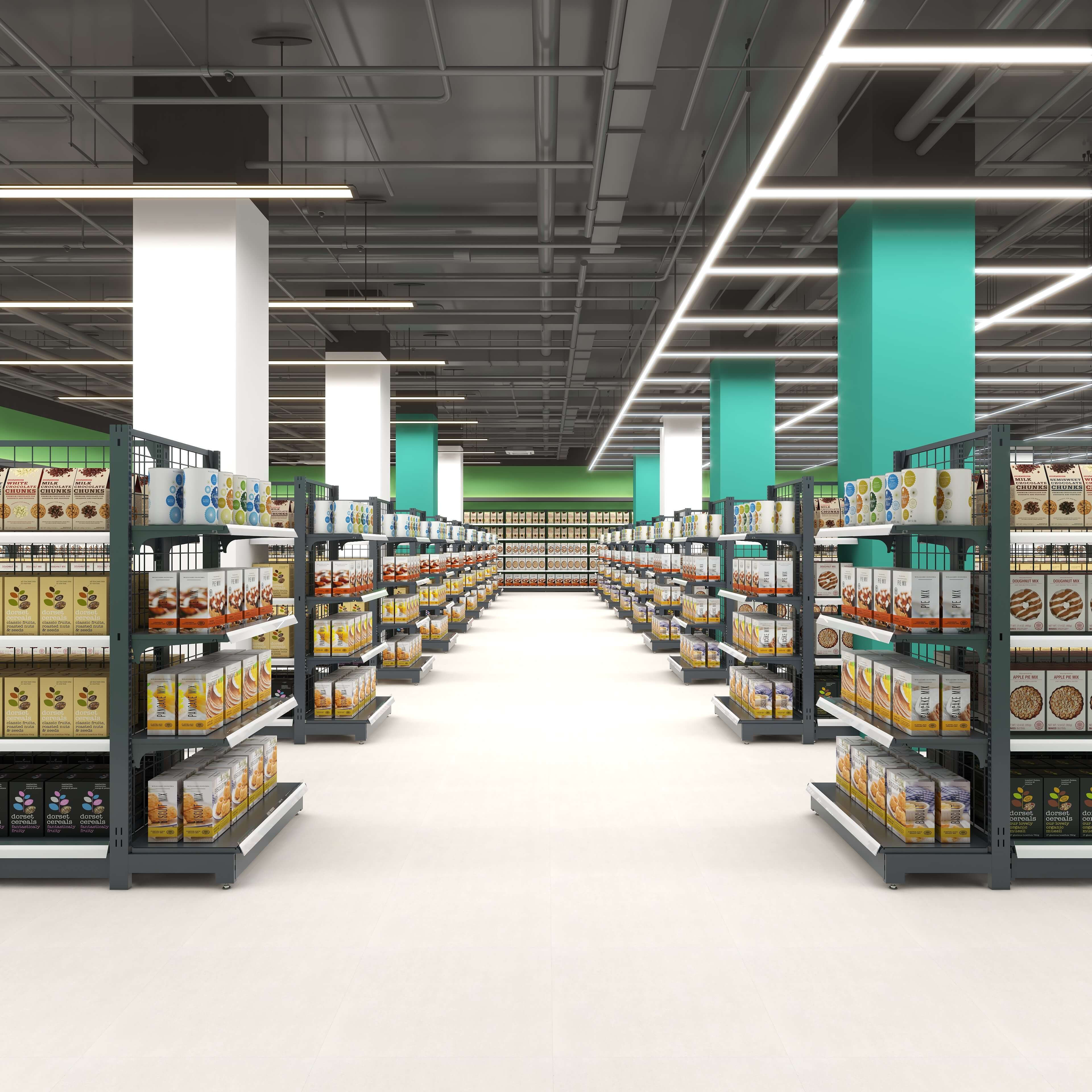 Heavy Duty Metallic Gondola Shelves Supermarket Display Stand with Double-Sided Design and 3 Shelves