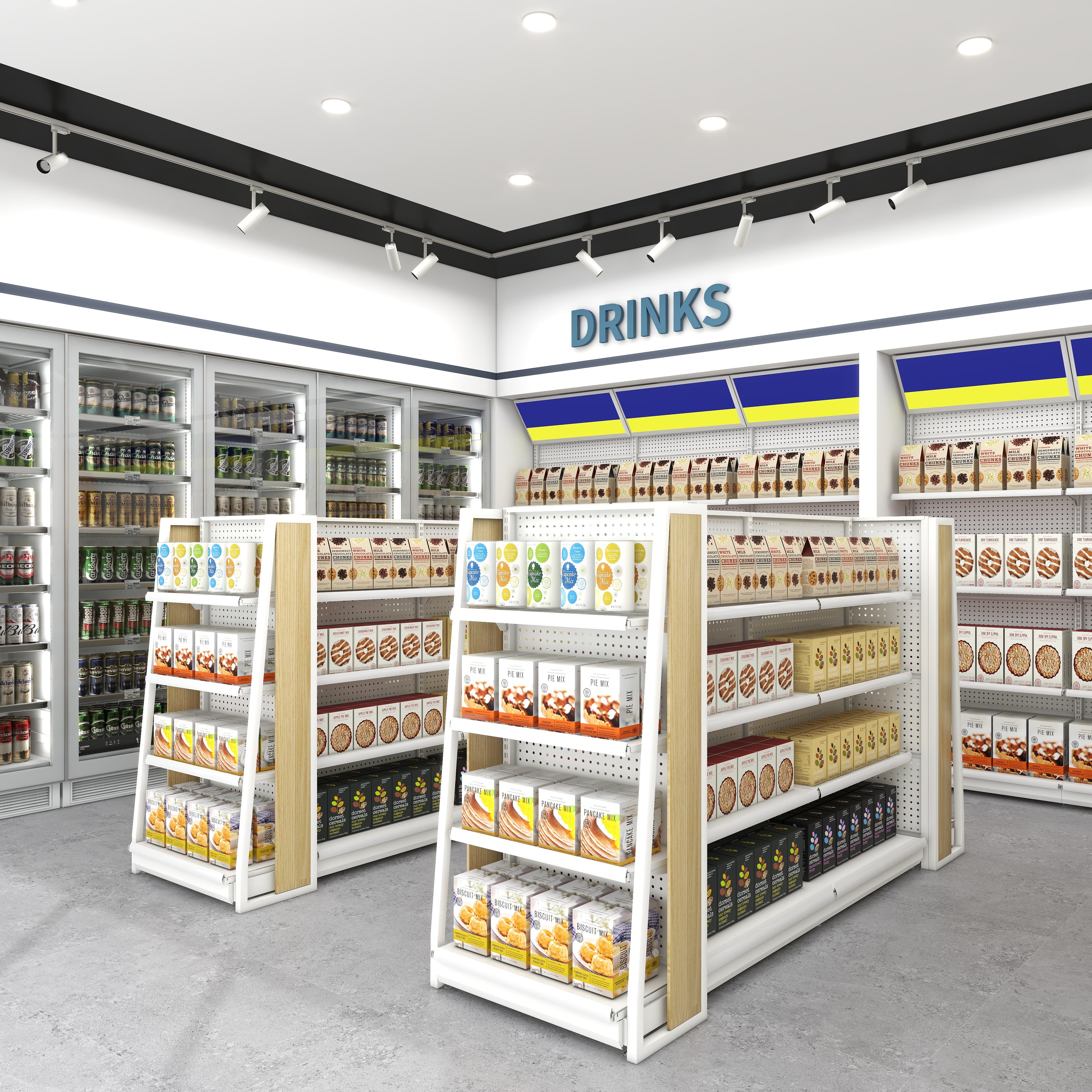 Runda 18# Metallic Light Duty Freestanding Single Sided Supermarket Display Shelves for Grocery Store & Chinese Tea Retail