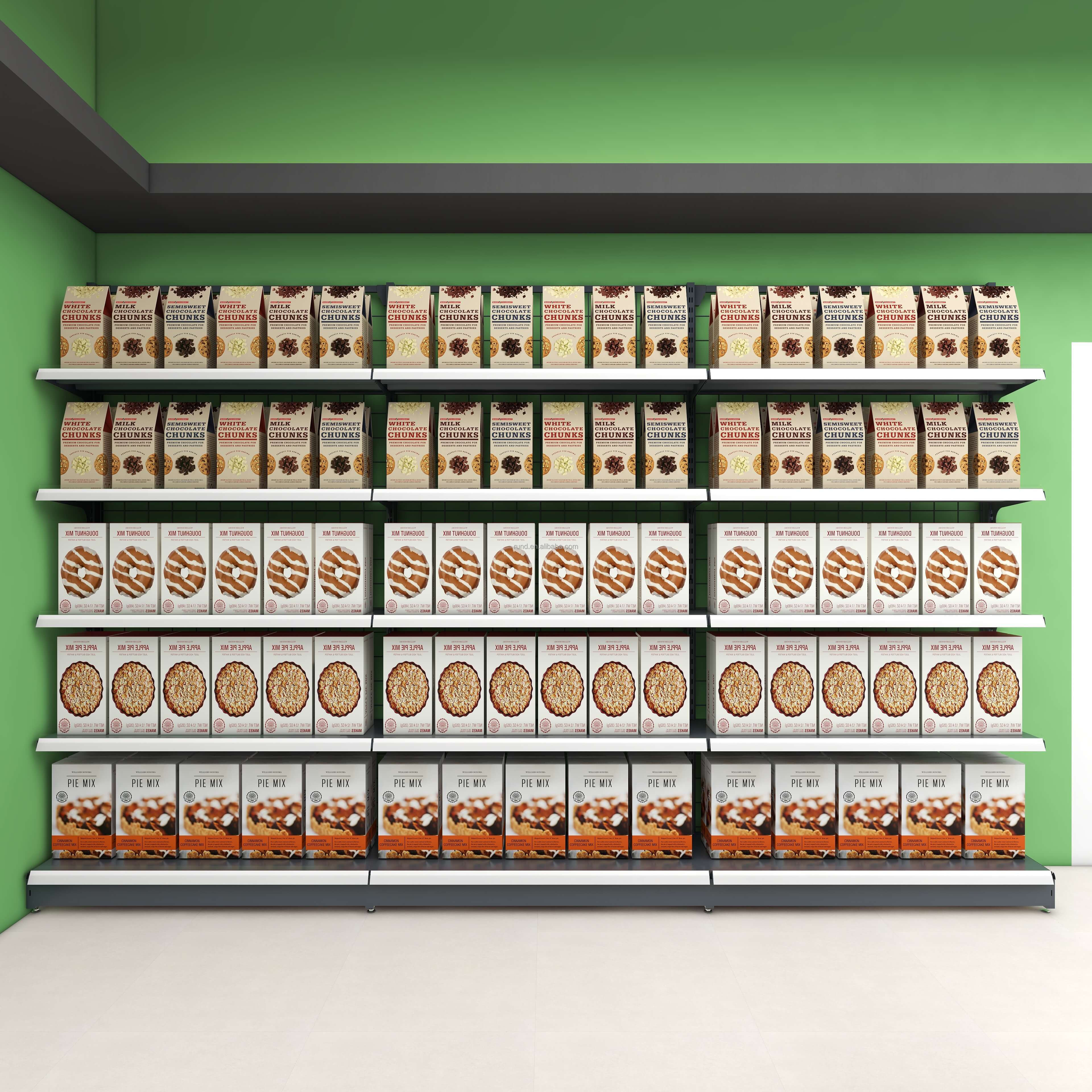 Heavy Duty Metallic Gondola Shelves Supermarket Display Stand with Double-Sided Design and 3 Shelves