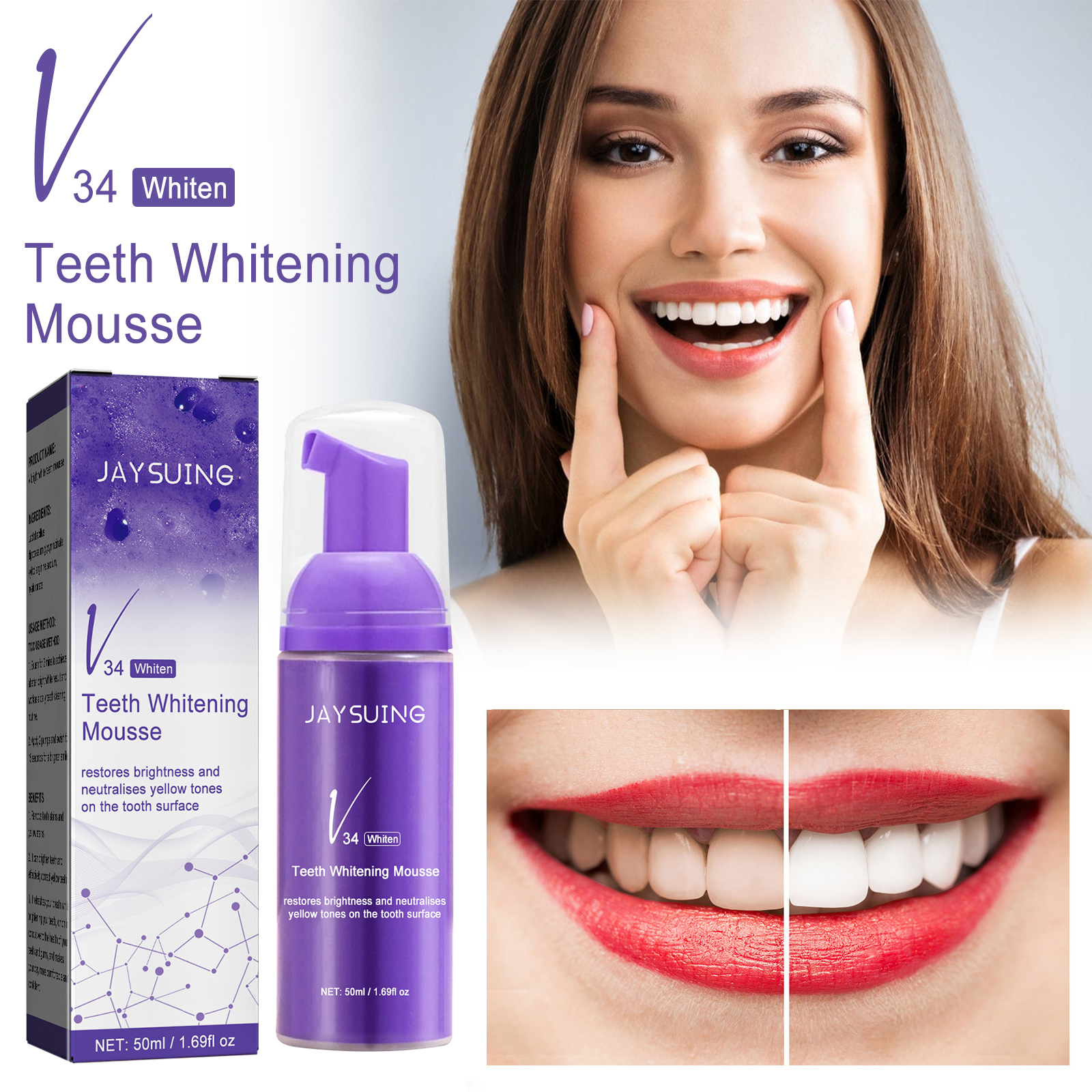 Jaysuing V34 Purple Corrector Teeth Whitening Mousse Toothpaste Refreshing Oral Cleansing Herbal Yellow Stains Removal
