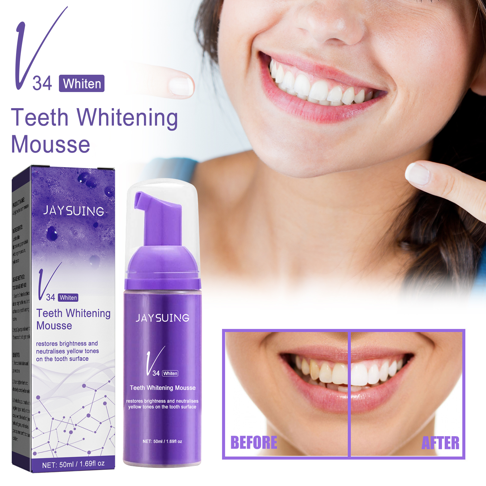 Jaysuing V34 Purple Corrector Teeth Whitening Mousse Toothpaste Refreshing Oral Cleansing Herbal Yellow Stains Removal