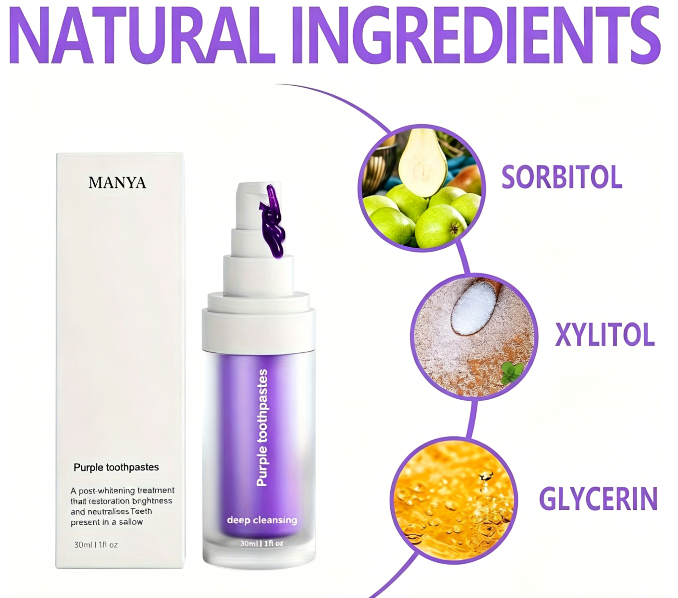 MANYA Private Label OEM Custom Logo Purple Corrector Teeth Whitening Stain Removing Toothpaste V34 Herbal Sample Size for Home