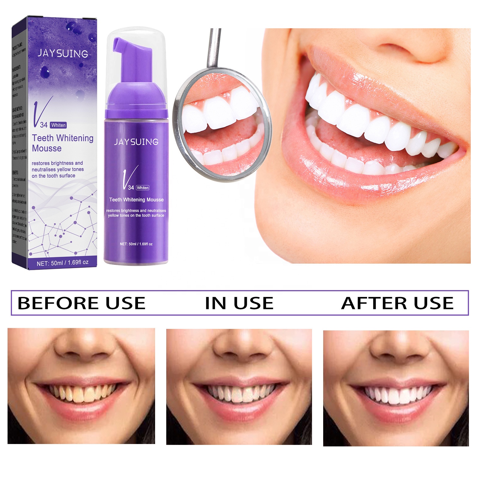 Jaysuing V34 Purple Corrector Teeth Whitening Mousse Toothpaste Refreshing Oral Cleansing Herbal Yellow Stains Removal