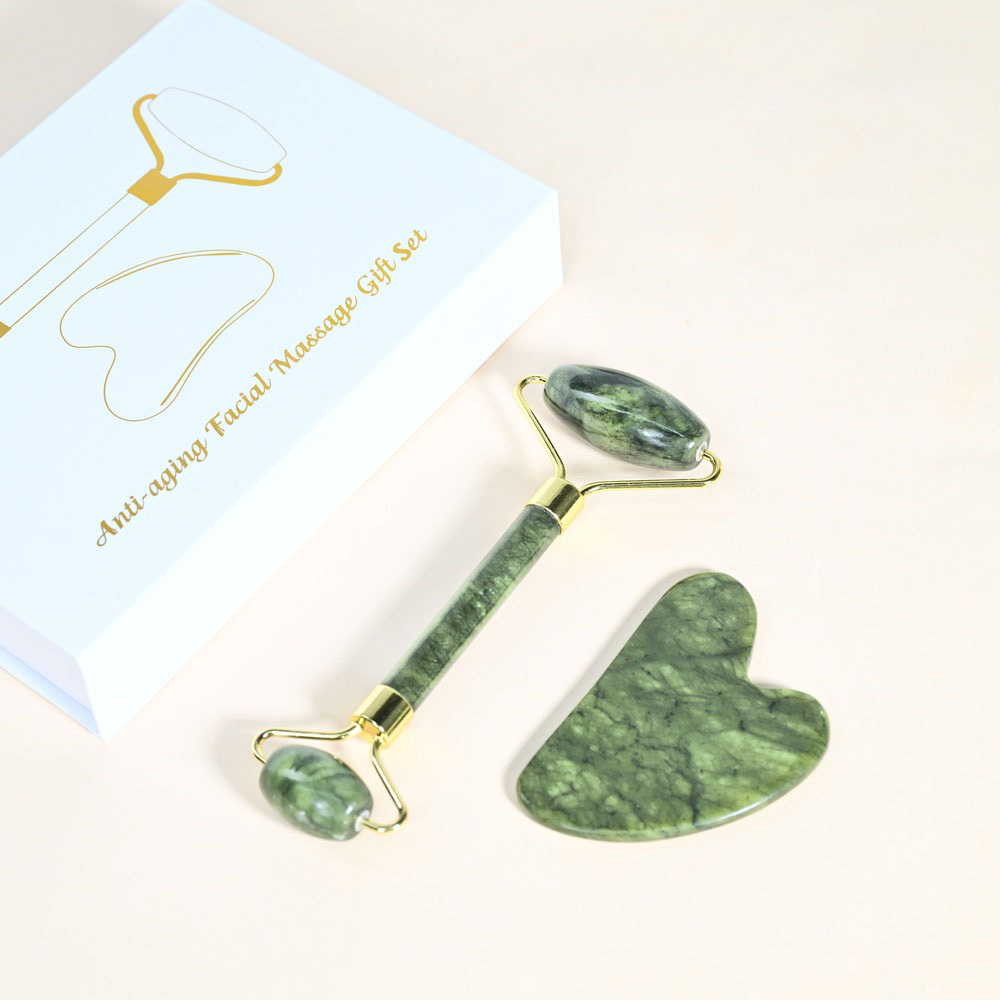 100% Natural Xiuyan Green Jade Roller and Gua Sha Tools Facial Guasha Rodillo De Jade Rolelr Eye Massage Roller for Skincare