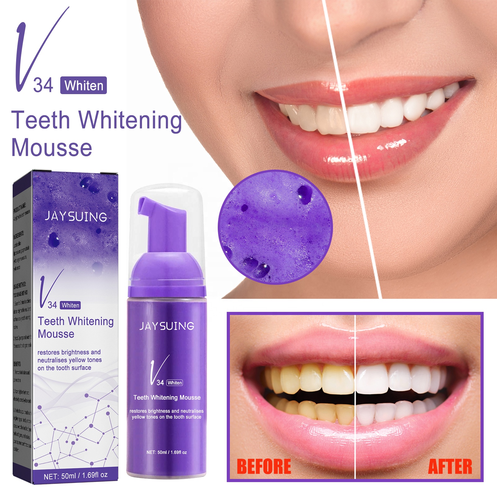 Jaysuing V34 Purple Corrector Teeth Whitening Mousse Toothpaste Refreshing Oral Cleansing Herbal Yellow Stains Removal
