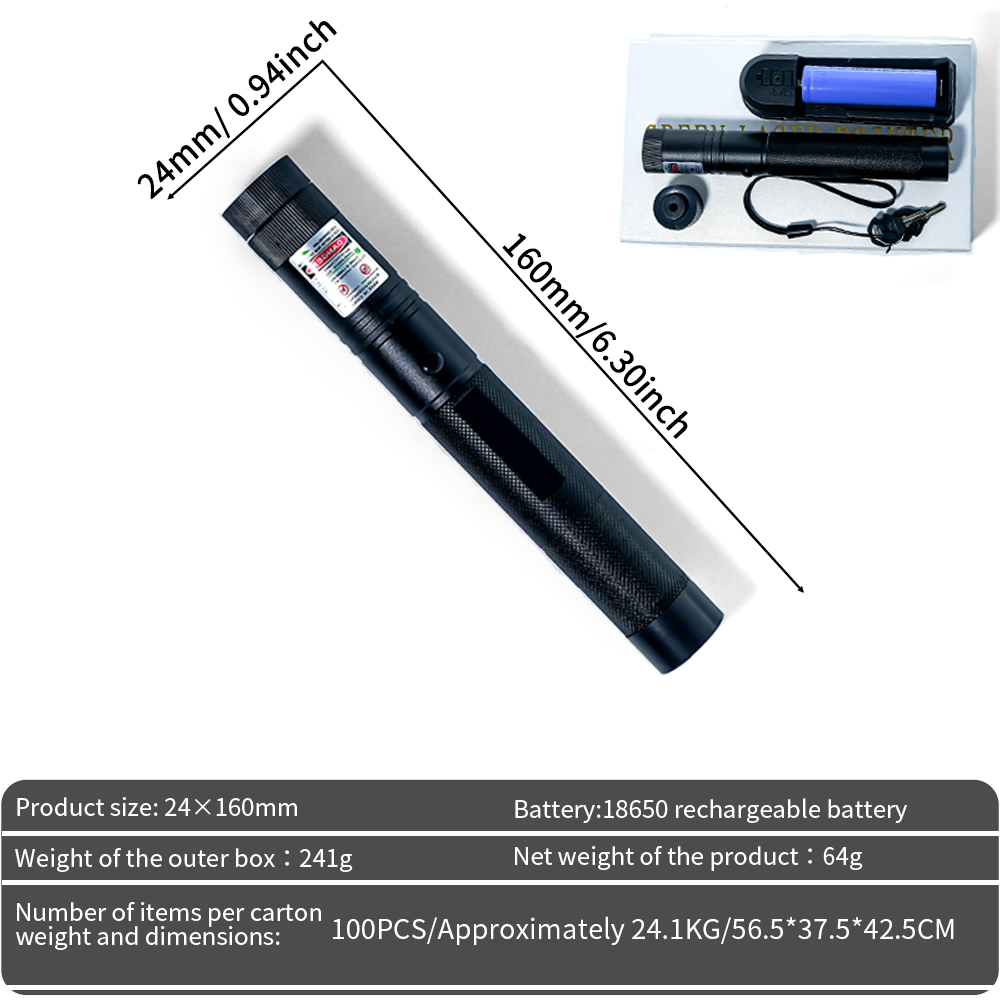 Green Laser Pointer With Battery &amp; Charger, Multi-Function Head, Safety Lock, Focus Adjustable, Ideal For Presentation, Teaching