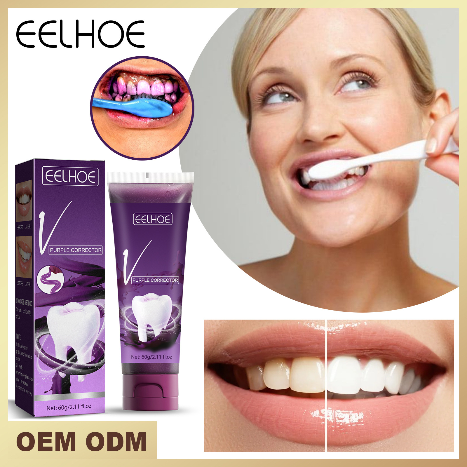 OEM ODM EELHOE V34 Purple Corrector Teeth Whitening Toothpaste 60g Tube Natural Mint Scent Tooth Paste for Yellow Teeth