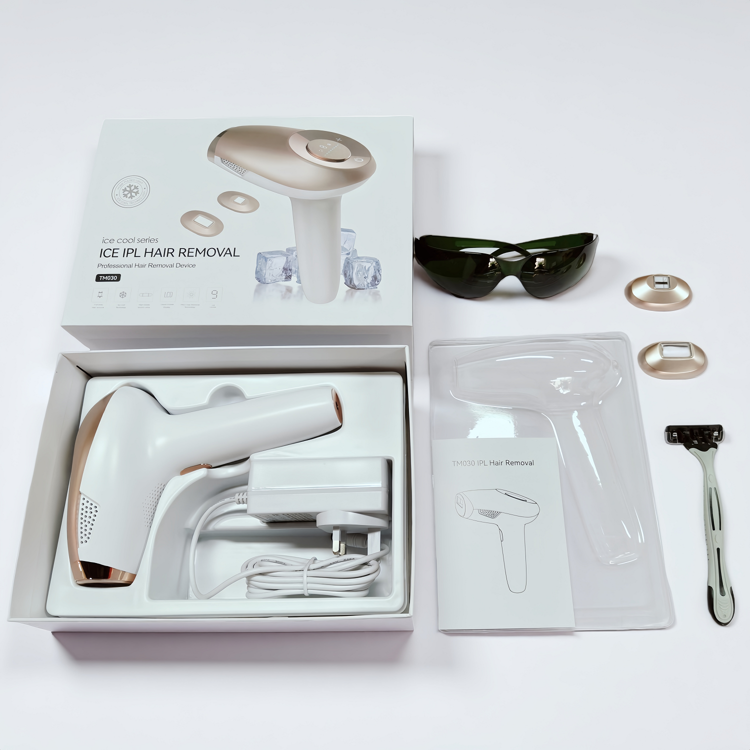 Premium Gold Color Fast Flash ICE Cooling IPL Hair Removal With Big LCD Touchable Screen Painless Hair Epilator With Two Heads