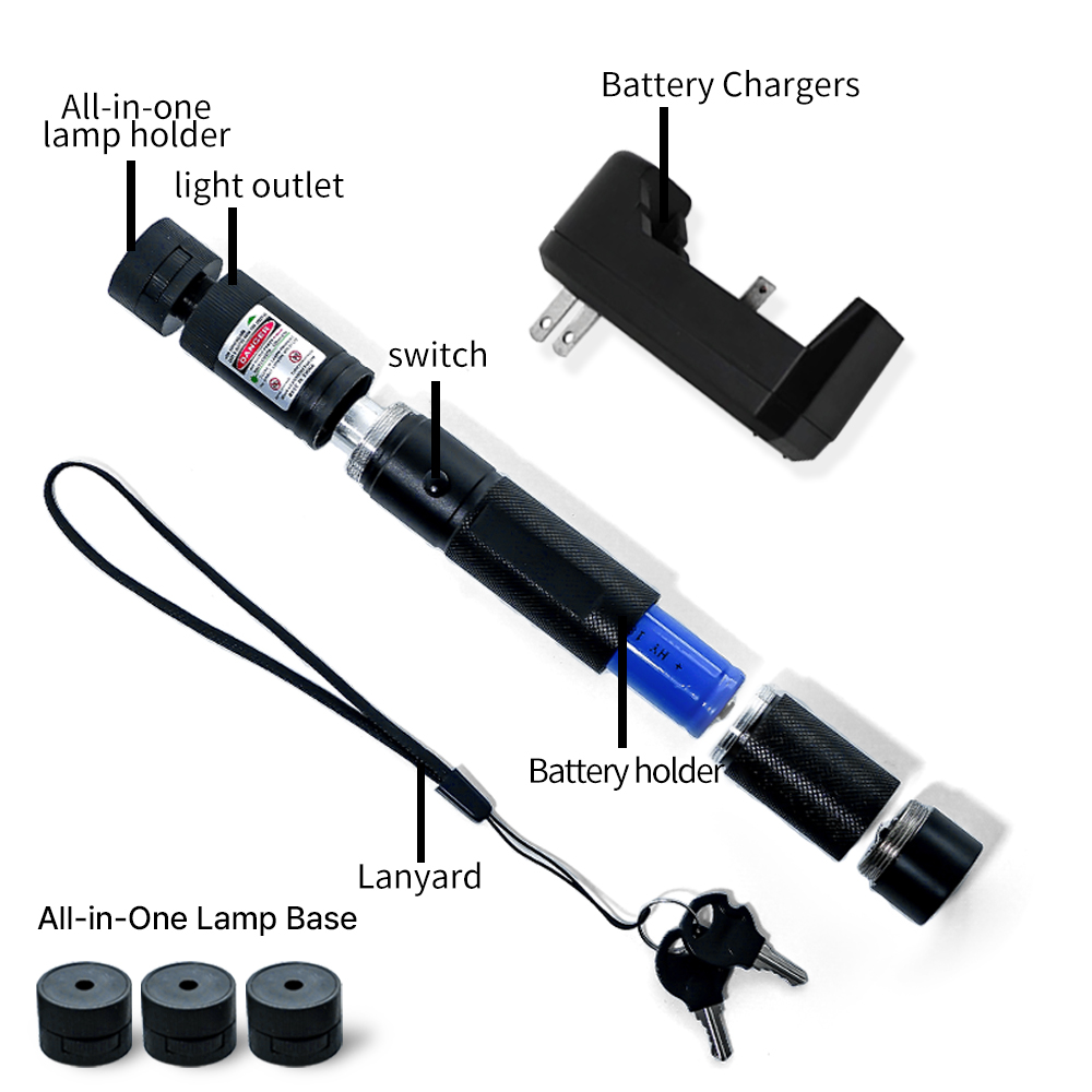 Green Laser Pointer With Battery &amp; Charger, Multi-Function Head, Safety Lock, Focus Adjustable, Ideal For Presentation, Teaching