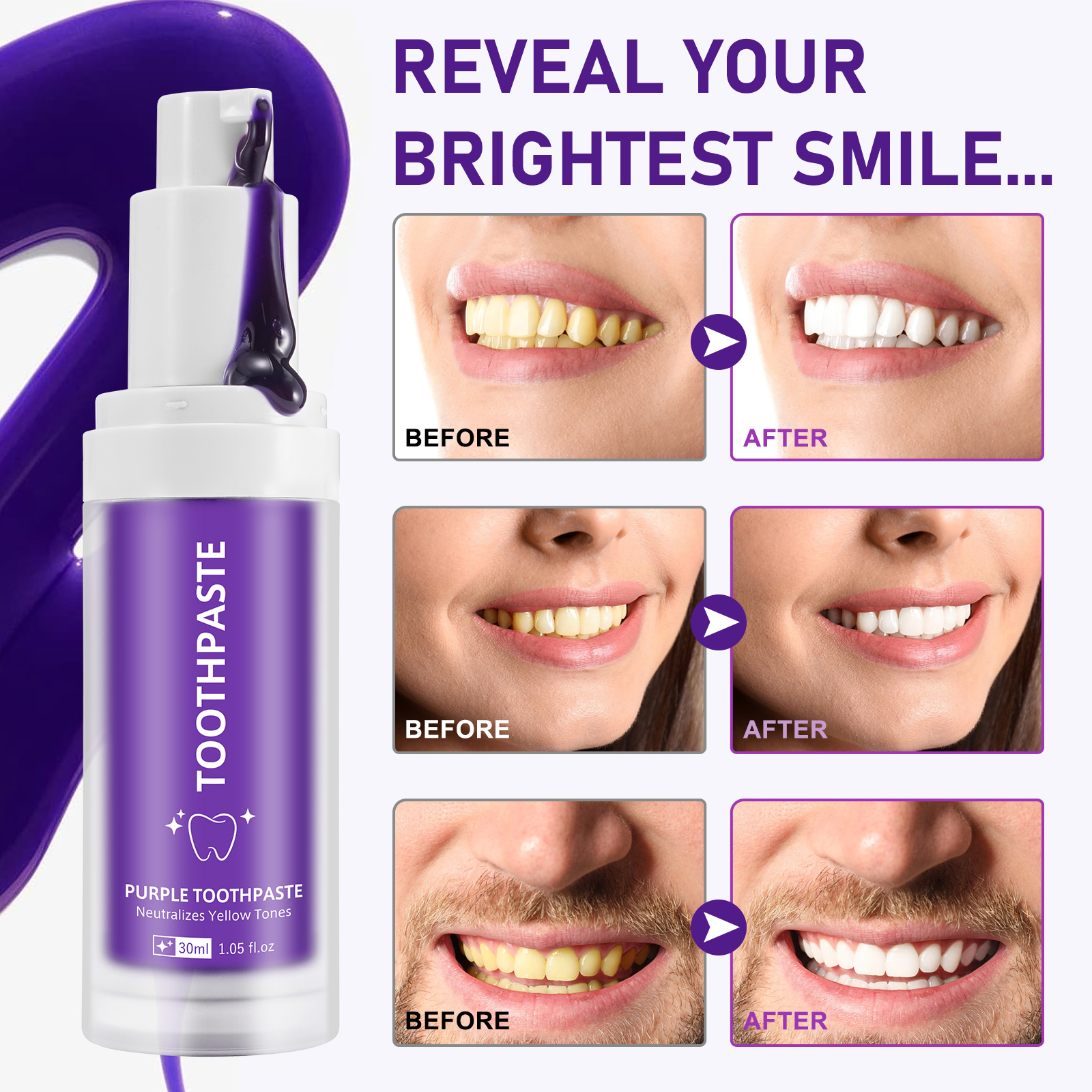 Wholesale Hot Sale 30ml Purple Foam Remove Stains Dental Colour Corrector Teeth Whitening Toothpaste